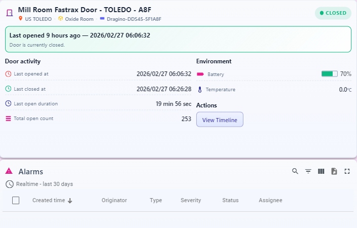 IoTLogIQ Door Details — activity logs, battery, alarms